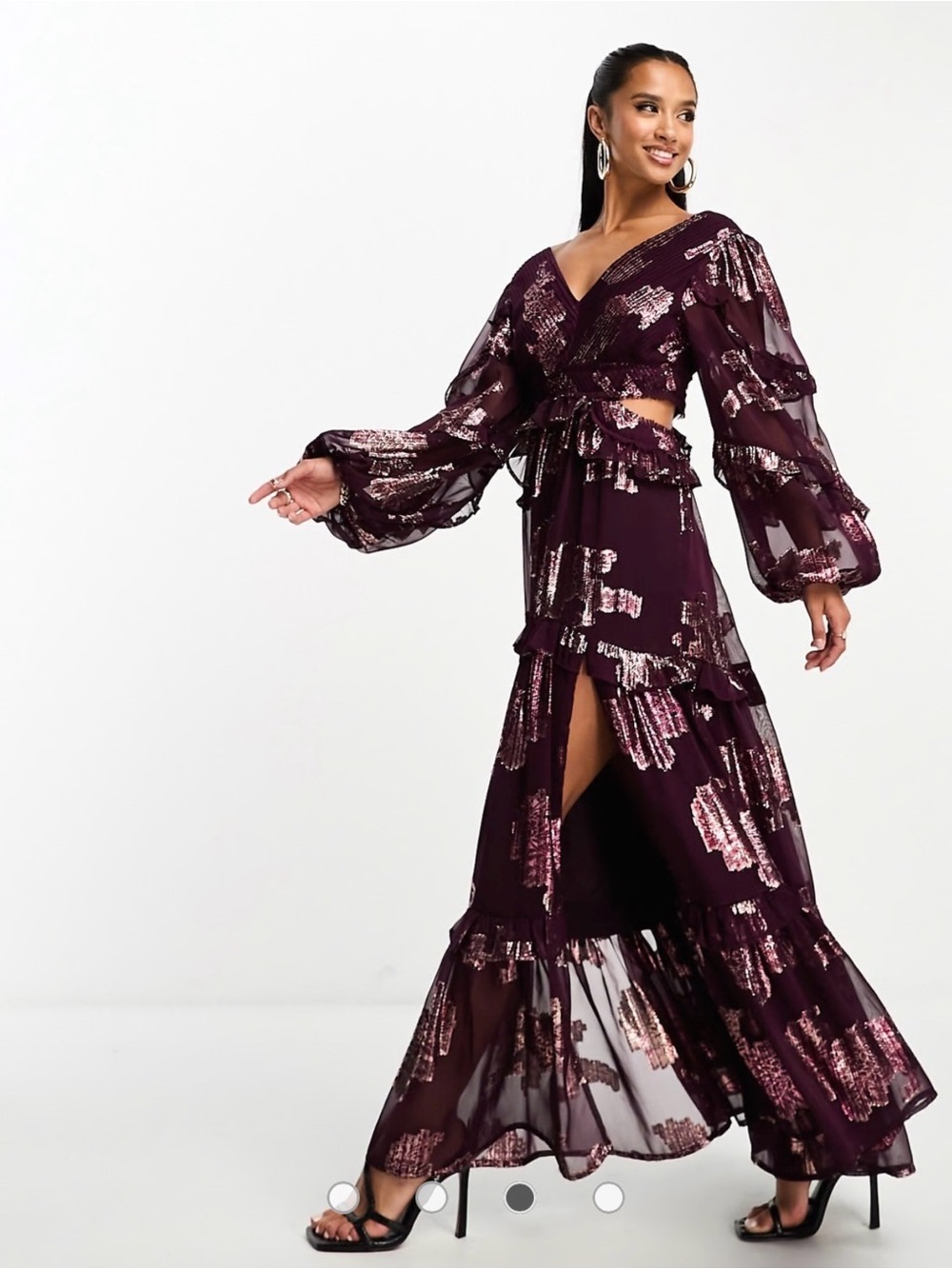 ASOS Design Burgundy Maxi Dress with Metallic Floral Accents